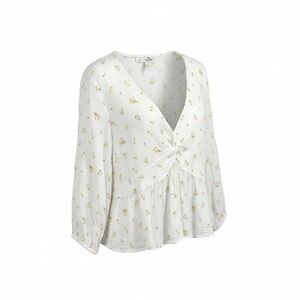 Hollister White Dainty Floral Twist Front Peplum Blouse Long Sleeve V-Neck Beach